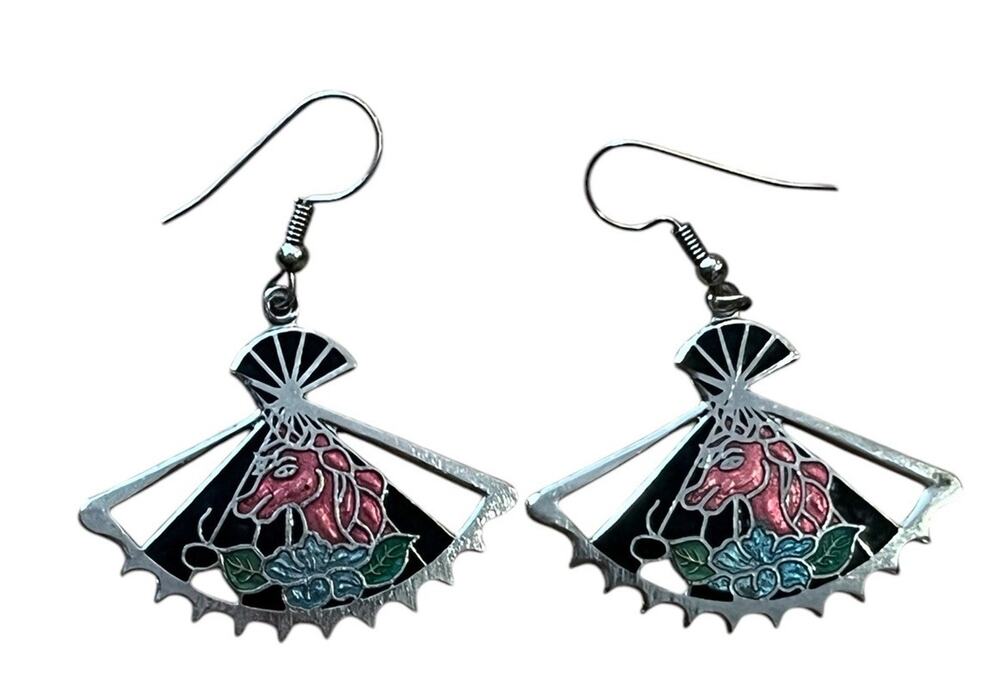 VTG Cloisonné Enamel Earrings Black Fans Horses 2” 1980s Silver Colored Metal